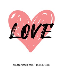 Heart doodle icon with love text calligraphy