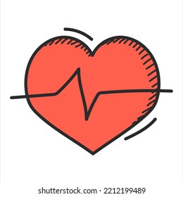 Heart doodle icon vector isolated. Abstract symbol of heart with a pulse line. Cardiology, healthcare and medicine concept.