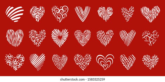 Heart doodle icons set. Love, valentines day, wedding sign. Romantic holiday symbol. White line decorative ornate pattern. Hand drawn graphic design heart shape. Isolated vector illustration