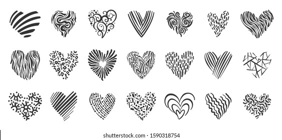 Heart doodle icons set. Love, valentines day, wedding sign. Romantic holiday symbol. Black line decorative ornate pattern. Hand drawn graphic design heart shape. Isolated on white vector illustration