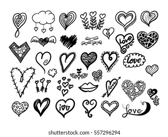 Heart doodle and lettering set. Hand drawn romantic phrase. Ink illustration. Modern brush calligraphy. Romantic hand drawn phrase. Vector illustration for love concept valentine or wedding.