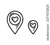 Heart doodle location pin. Place gore love and care marker. Volunteering map address. Hand drawn sketch Valentines Day geotag