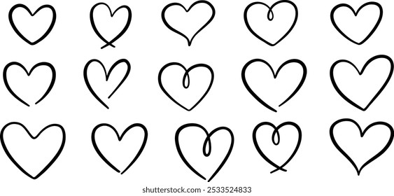 Heart doodle set, ink illustrations cartoon hearts, symbol