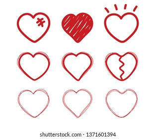 Heart doodle. Sketch drawing love hearts. Valentine day icons. Divorce, end of the relationship, broken heart. Romantic wedding set. Doodle love vector