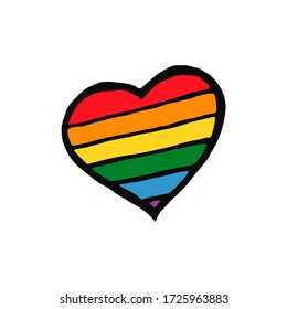 Heart in doodle style - Life,Gets,Better,Together.Hand written pride, love, peace lettering with rainbow.Gay parade slogan.LGBT rights symbol. Isolated.Vector hand drawn illustration.