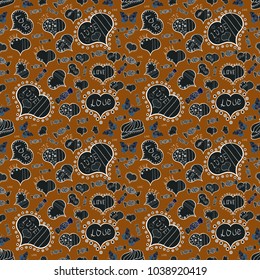 Heart Doodle. Valentine':s day. Vector. Abstract seamless love pattern. Drawing in sketch style on brown, gray and white colors. Wrapping paper.