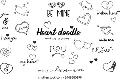 Heart doodle vector collection with love message text and shape.