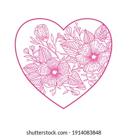 Heart with doodle zentangle flowers for Valentine Day, isolated on white background. Vector hand drawn illustration. Floral ornament in red and white.