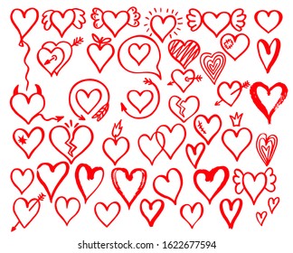 Heart doodles. Big set red hearts sketch. Heart Icons Set, hand drawn icons and illustrations for valentin  rough marker hearts isolated on white background.