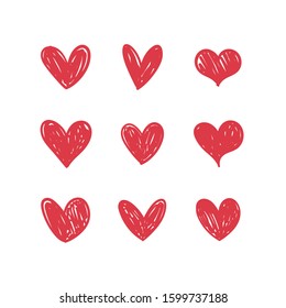 Heart doodles collection. Set of hand drawn hearts. Love illustrations.