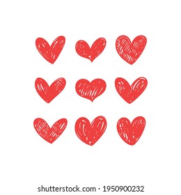 Heart doodles collection. Set of hand drawn hearts. Love symbol illustrations.