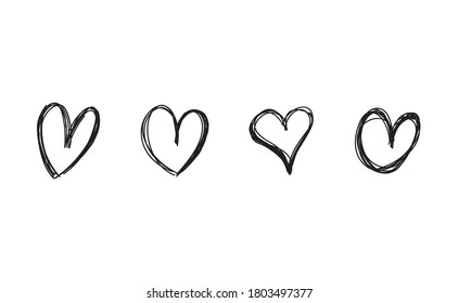 Heart doodles. Hand drawn heart illustrations. Valentine's day decoration scribbles. Sketch icons.