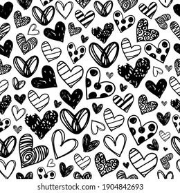 Heart doodles love seamless pattern valentines day. Hand drawn hearts background.Stylized heart seamless pattern. for T-Shirt, posters, textile, cart, wedding, valentine day etc.