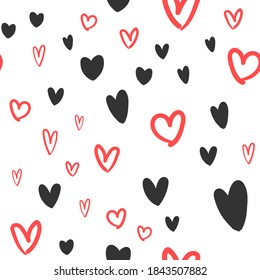 Heart doodles pattern. Hand drawn valentine's day hearts background pattern.