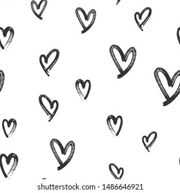 Heart doodles seamless love pattern. Hand drawn brushed hearts. Background texture for valentine's day.
