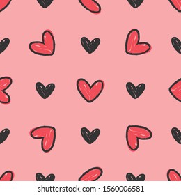 Heart doodles seamless pattern. Hand drawn love texture background.
