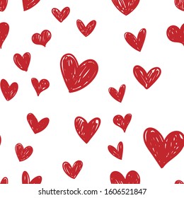 Heart doodles seamless pattern. Hand drawn love symbols, valentine's day hearts texture.