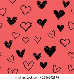 Heart doodles seamless pattern. Hand drawn valentine's day love hearts texture. 