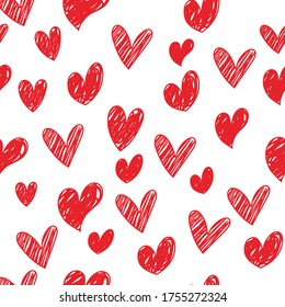 Doodles cardíacos patrón sin fisuras, textura de amor dibujada a mano. amor rojo. Ilustración del vector