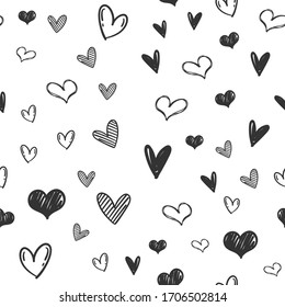 Heart Doodles Seamless Pattern. Love Illustration Hearts Hand Drawn Background.