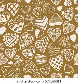 Heart doodles seamless vector pattern. Gold hand drawn Valentines day backdrop.