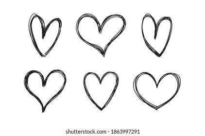 Heart doodles set. Hand drawn hearts collection. Valentine's day sketched design elements.