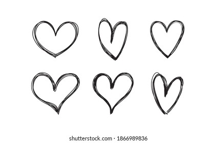 Heart doodles set. Hand drawn hearts collection. Valentine's day sketched design elements.