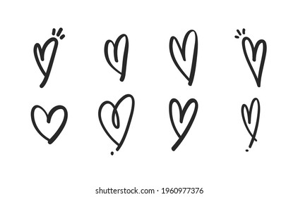 Heart doodles set. Hand drawn vector illustration of hearts. Love symbols. 