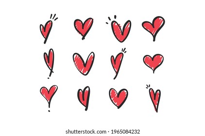 Heart doodles set. Hand drawn vector illustration of hearts. Love symbols. 