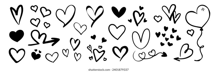 Heart doodles set. Hand drawn hearts collection. Icon cute doodle love