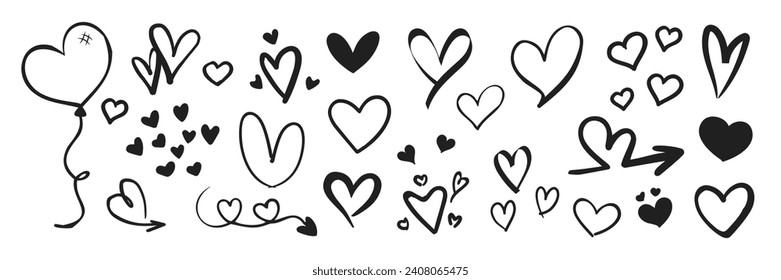 Heart doodles set. Hand drawn hearts collection. Icon cute doodle love