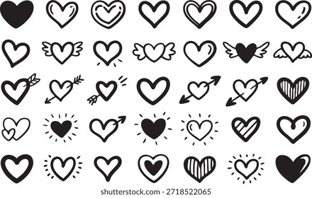 Heart doodles set. Hand drawn hearts collection. Romance and love illustrations.