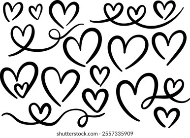 Heart doodles, vector line art flourishes illustration, cartoon hearts decorative clip art set