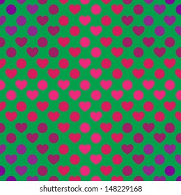 Heart and Dot Pattern in cross order in red and purple color shades on green background