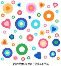 Heart and  dots circle colorful color pattern on white background.Design for bed sheet pattern ,Gift wrapping paper ,Scrapbook ,Fabric clothes ,textile ,Screen ,Wallpaper ,Vector.
