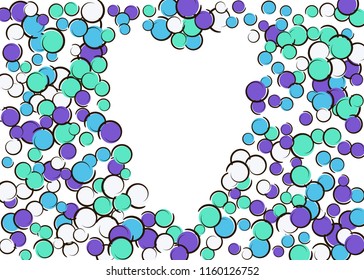 Heart dots frame with pop art confetti background. Big colored spots, spirals and circles on white. Vector illustration. Trendy childish splash for birthday party. Rainbow heart dots frame.