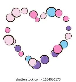 Heart dots frame with pop art confetti background. Big colored spots, spirals and circles on white. Vector illustration. Creative childish splash for birthday party. Rainbow heart dots frame.