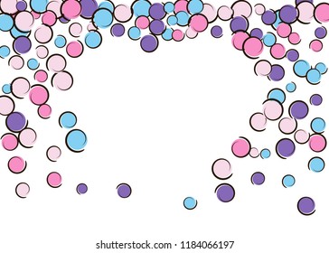 Heart dots frame with pop art confetti background. Big colored spots, spirals and circles on white. Vector illustration. Stylish kids splatter for birthday party. Rainbow heart dots frame.