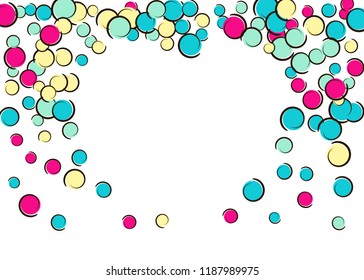Heart dots frame with pop art confetti background. Big colored spots, spirals and circles on white. Vector illustration. Stylish kids splatter for birthday party. Rainbow heart dots frame.