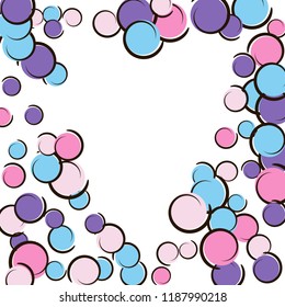 Heart dots frame with pop art confetti background. Big colored spots, spirals and circles on white. Vector illustration. Spectrum kids splatter for birthday party. Rainbow heart dots frame.