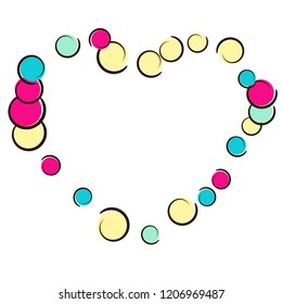 Heart dots frame with pop art confetti background. Big colored spots, spirals and circles on white. Vector illustration. Plastic childish splash for birthday party. Rainbow heart dots frame.