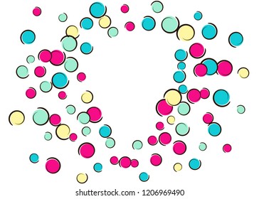 Heart dots frame with pop art confetti background. Big colored spots, spirals and circles on white. Vector illustration. Colorful childish splash for birthday party. Rainbow heart dots frame.