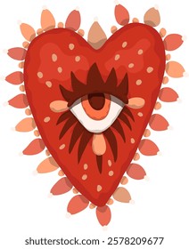 Heart with dots on a white background. Vector illustration in boho style. Cartoon illustration of a red heart with eye. Valentine with beads.