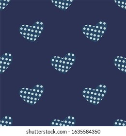 Heart in dots seamless pattern. Deep blue background. Suitable for baby products.