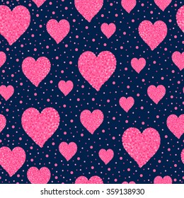 Heart of dots. Seamless vector pattern with hearts. Colorful background for St. Valentine's Day. Bright hearts on navy background.