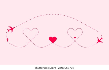 Heart dotted line path, love airplane route, a new baby born concept background with lovely heart dashed lines, aircraft and location pin