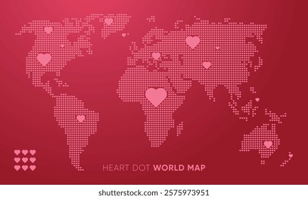 Heart Dotted world map. Red vector illustration. World map isolated on red background. Suitable for Valentine's day, love themes, backgrounds, love travel and infographics. Vector illustration