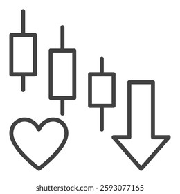 Heart with Downrising Candlestick Chart vector Trading concept thin line icon or symbol