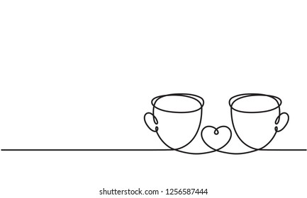 Сups and heart. Drawing by a continuous line