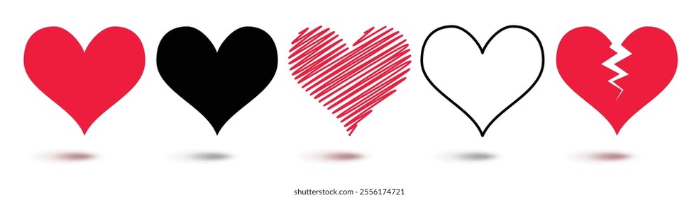 Heart drawing clipart love set. Hearts shape red and black icon in outline, sketch, doodle, scribble and stroke clip art collection. Vector illustration love symbol flat graphic design.  
